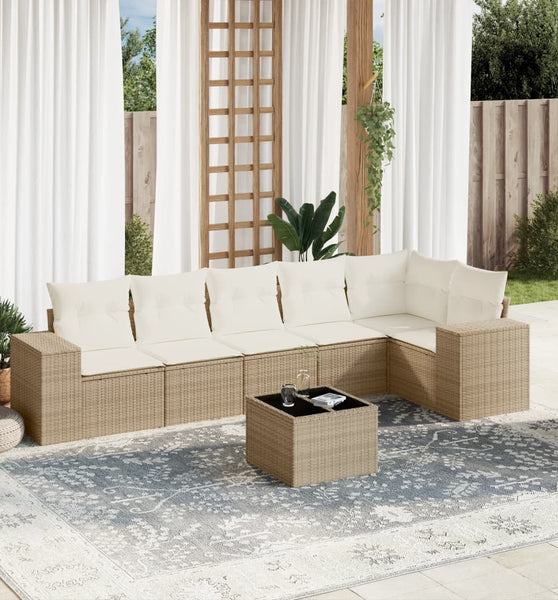 7-tlg. Garten-Sofagarnitur mit Kissen Beige Poly Rattan