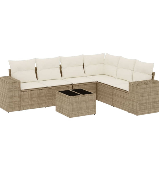 7-tlg. Garten-Sofagarnitur mit Kissen Beige Poly Rattan