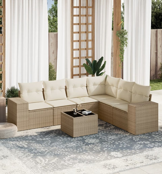 7-tlg. Garten-Sofagarnitur mit Kissen Beige Poly Rattan