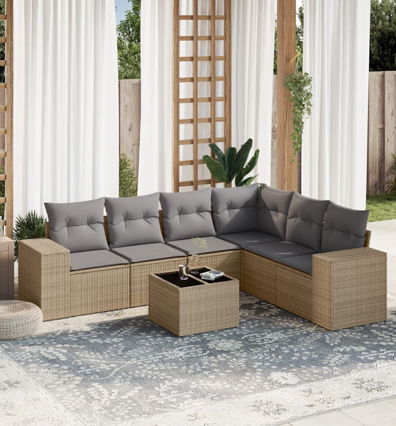 7-tlg. Garten-Sofagarnitur mit Kissen Beige Poly Rattan