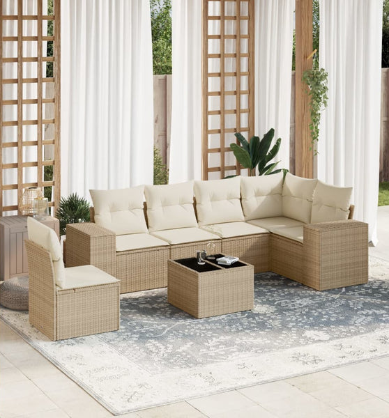 7-tlg. Garten-Sofagarnitur mit Kissen Beige Poly Rattan