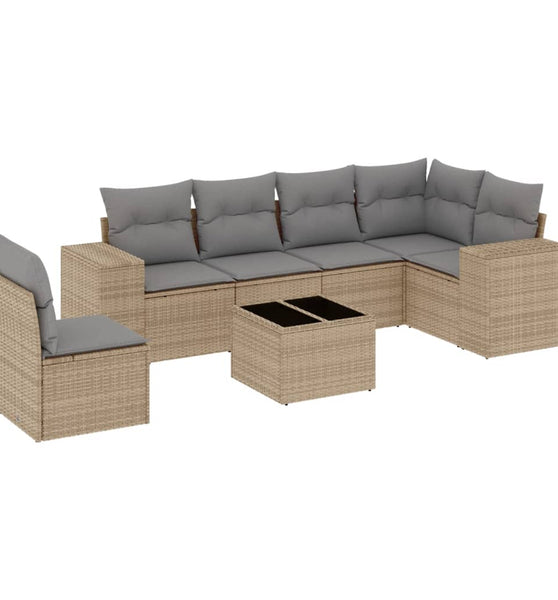 7-tlg. Garten-Sofagarnitur mit Kissen Beige Poly Rattan