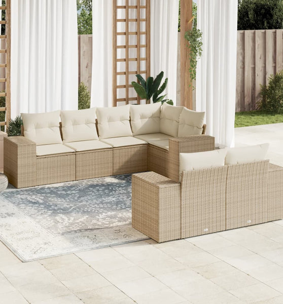 7-tlg. Garten-Sofagarnitur mit Kissen Beige Poly Rattan