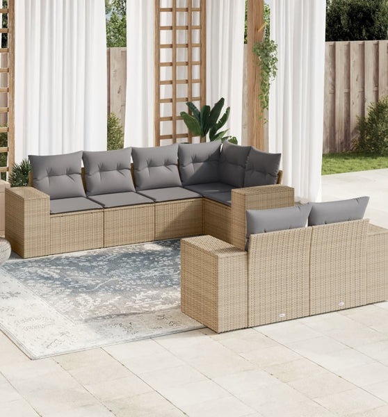 7-tlg. Garten-Sofagarnitur mit Kissen Beige Poly Rattan