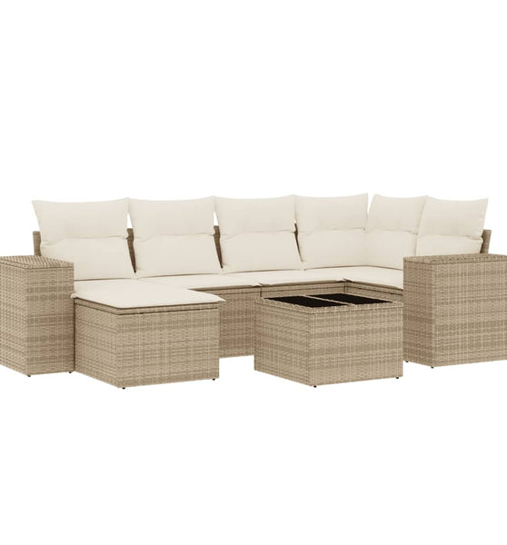 7-tlg. Garten-Sofagarnitur mit Kissen Beige Poly Rattan