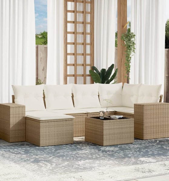 7-tlg. Garten-Sofagarnitur mit Kissen Beige Poly Rattan