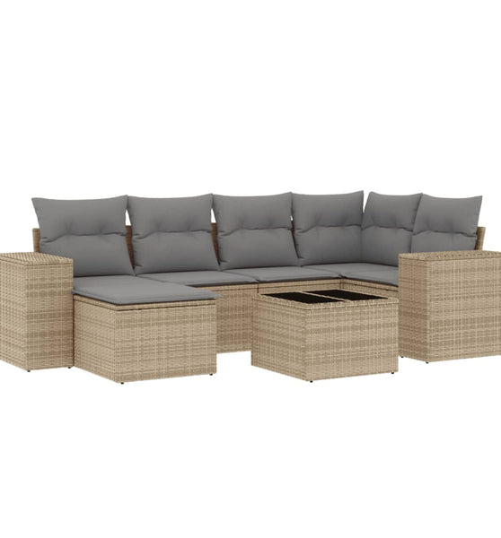 7-tlg. Garten-Sofagarnitur mit Kissen Beige Poly Rattan
