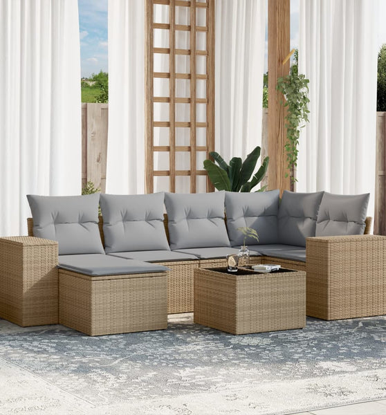 7-tlg. Garten-Sofagarnitur mit Kissen Beige Poly Rattan
