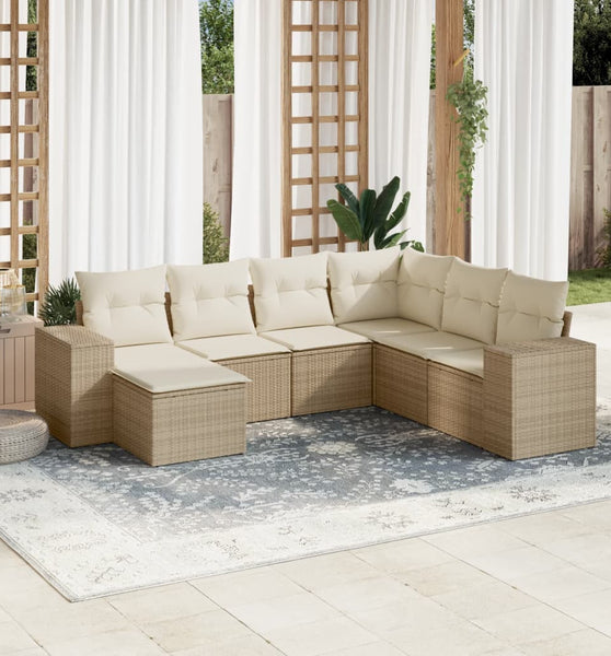 7-tlg. Garten-Sofagarnitur mit Kissen Beige Poly Rattan