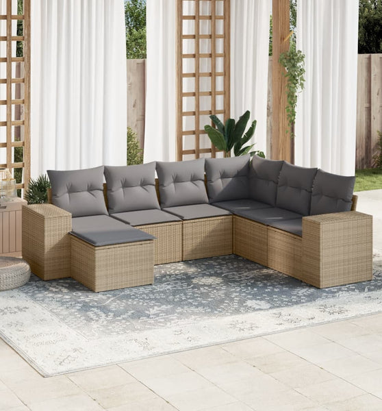 7-tlg. Garten-Sofagarnitur mit Kissen Beige Poly Rattan