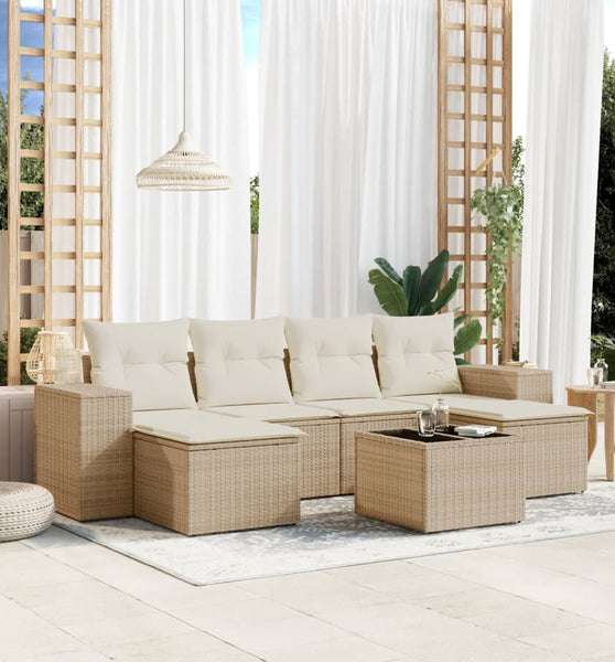 7-tlg. Garten-Sofagarnitur mit Kissen Beige Poly Rattan