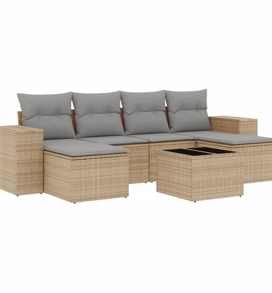 7-tlg. Garten-Sofagarnitur mit Kissen Beige Poly Rattan