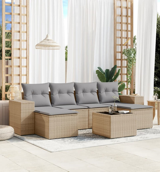 7-tlg. Garten-Sofagarnitur mit Kissen Beige Poly Rattan