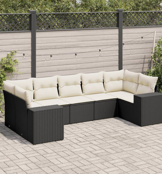 7-tlg. Garten-Sofagarnitur mit Kissen Schwarz Poly Rattan