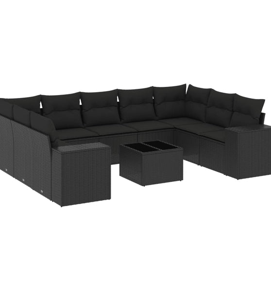 10-tlg. Garten-Sofagarnitur mit Kissen Schwarz Poly Rattan