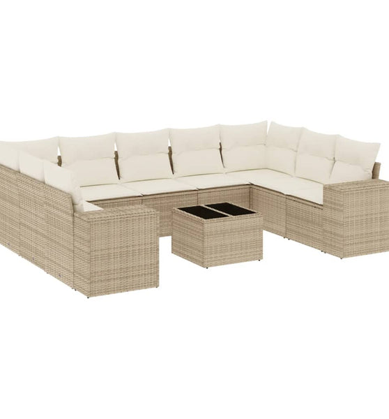10-tlg. Garten-Sofagarnitur mit Kissen Beige Poly Rattan