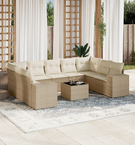 10-tlg. Garten-Sofagarnitur mit Kissen Beige Poly Rattan