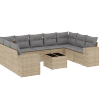 10-tlg. Garten-Sofagarnitur mit Kissen Beige Poly Rattan