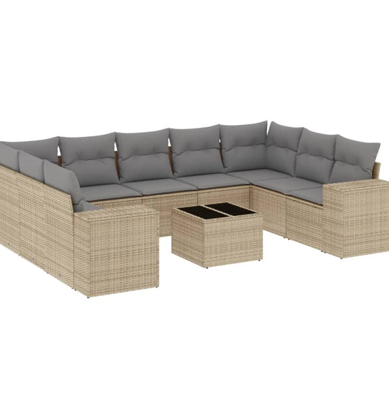 10-tlg. Garten-Sofagarnitur mit Kissen Beige Poly Rattan