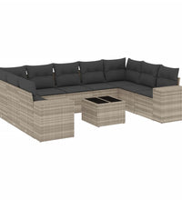 10-tlg. Garten-Sofagarnitur mit Kissen Hellgrau Poly Rattan