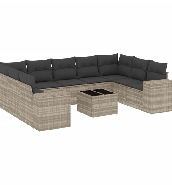 10-tlg. Garten-Sofagarnitur mit Kissen Hellgrau Poly Rattan