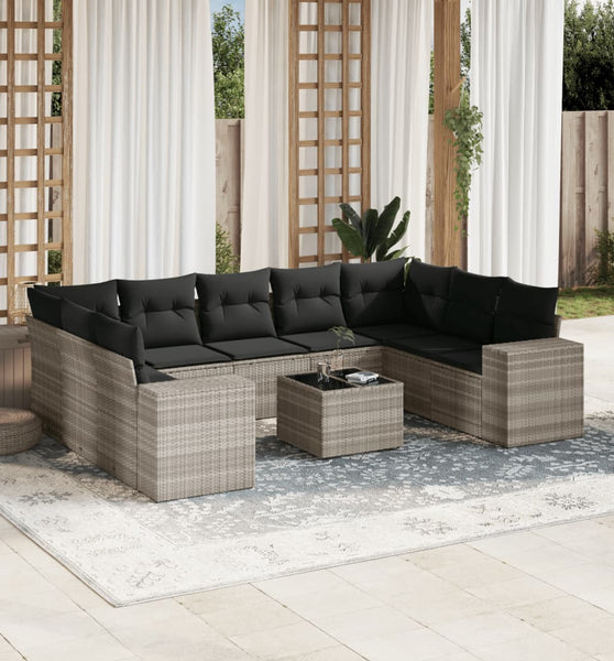 10-tlg. Garten-Sofagarnitur mit Kissen Hellgrau Poly Rattan