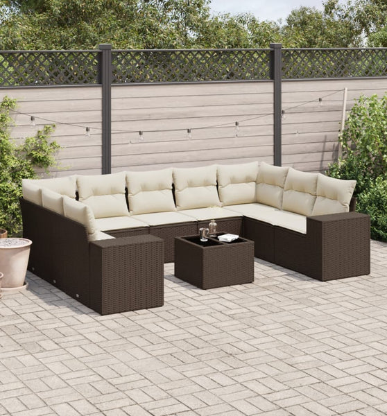 10-tlg. Garten-Sofagarnitur mit Kissen Braun Poly Rattan