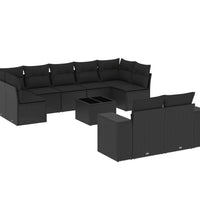 10-tlg. Garten-Sofagarnitur mit Kissen Schwarz Poly Rattan