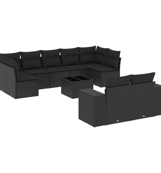 10-tlg. Garten-Sofagarnitur mit Kissen Schwarz Poly Rattan