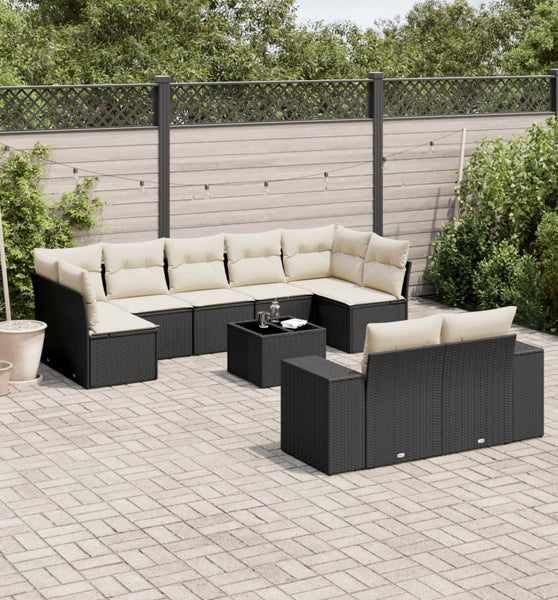 10-tlg. Garten-Sofagarnitur mit Kissen Schwarz Poly Rattan