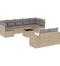 10-tlg. Garten-Sofagarnitur mit Kissen Beige Poly Rattan