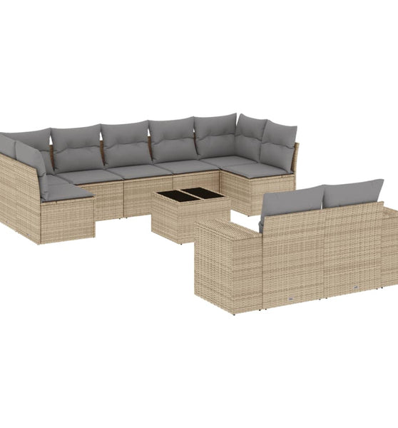 10-tlg. Garten-Sofagarnitur mit Kissen Beige Poly Rattan