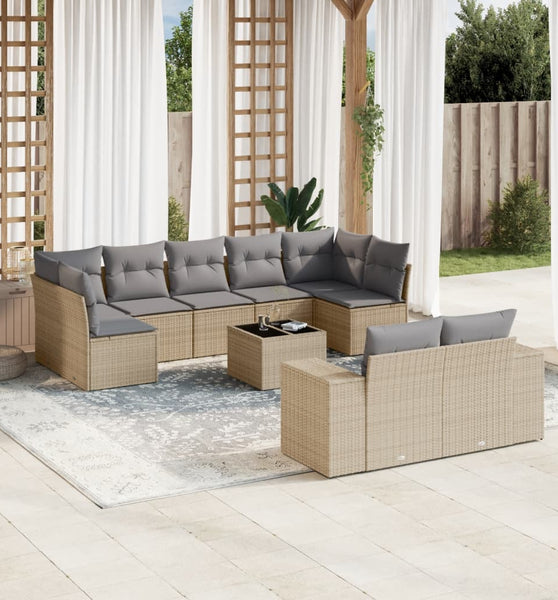 10-tlg. Garten-Sofagarnitur mit Kissen Beige Poly Rattan
