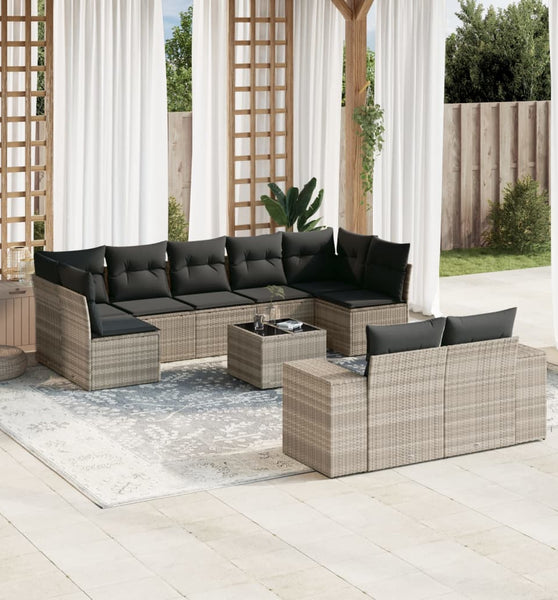 10-tlg. Garten-Sofagarnitur mit Kissen Hellgrau Poly Rattan