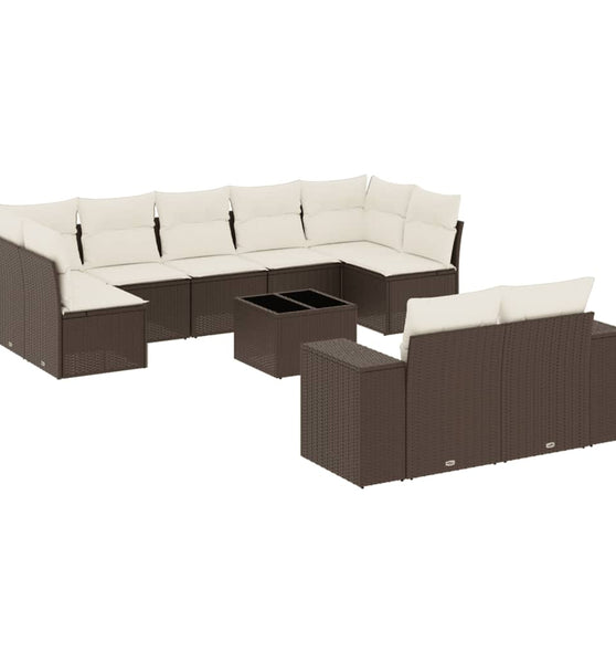 10-tlg. Garten-Sofagarnitur mit Kissen Braun Poly Rattan