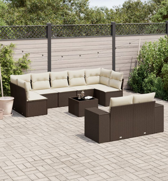 10-tlg. Garten-Sofagarnitur mit Kissen Braun Poly Rattan