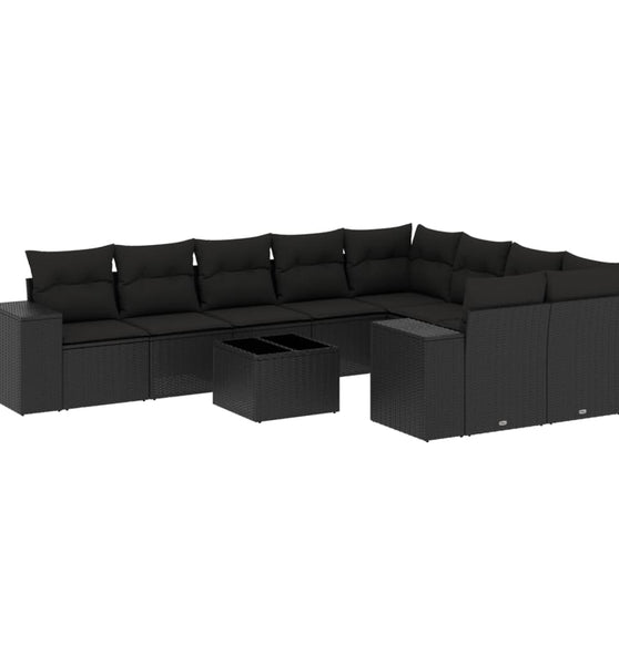 10-tlg. Garten-Sofagarnitur mit Kissen Schwarz Poly Rattan