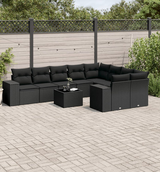 10-tlg. Garten-Sofagarnitur mit Kissen Schwarz Poly Rattan