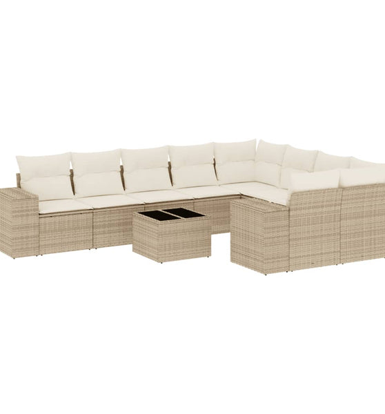 10-tlg. Garten-Sofagarnitur mit Kissen Beige Poly Rattan