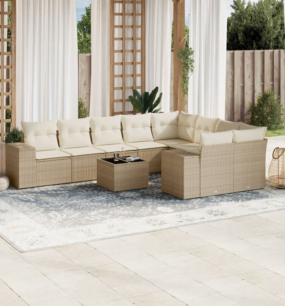 10-tlg. Garten-Sofagarnitur mit Kissen Beige Poly Rattan