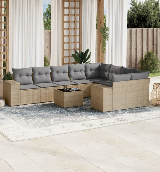 10-tlg. Garten-Sofagarnitur mit Kissen Beige Poly Rattan