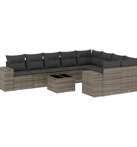 10-tlg. Garten-Sofagarnitur mit Kissen Grau Poly Rattan