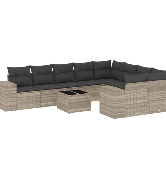 10-tlg. Garten-Sofagarnitur mit Kissen Hellgrau Poly Rattan
