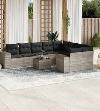10-tlg. Garten-Sofagarnitur mit Kissen Hellgrau Poly Rattan
