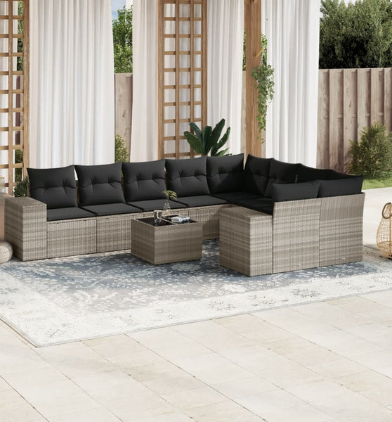 10-tlg. Garten-Sofagarnitur mit Kissen Hellgrau Poly Rattan