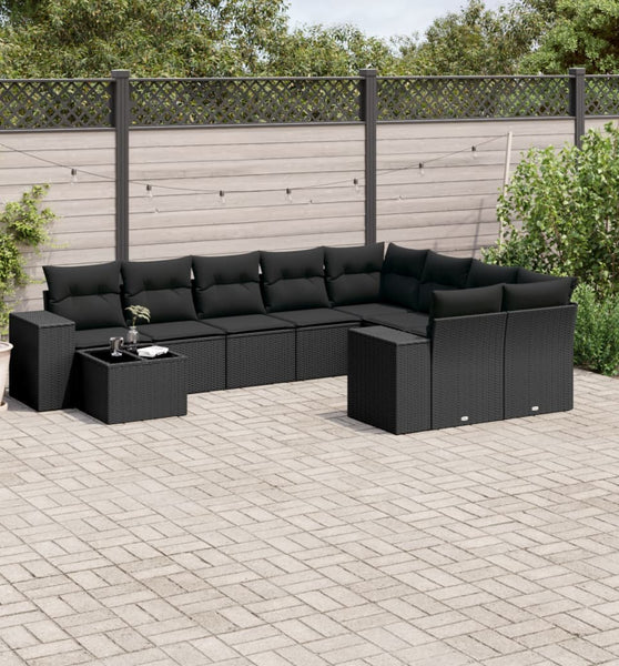 10-tlg. Garten-Sofagarnitur mit Kissen Schwarz Poly Rattan