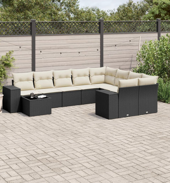 10-tlg. Garten-Sofagarnitur mit Kissen Schwarz Poly Rattan