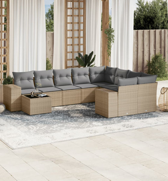 10-tlg. Garten-Sofagarnitur mit Kissen Beige Poly Rattan
