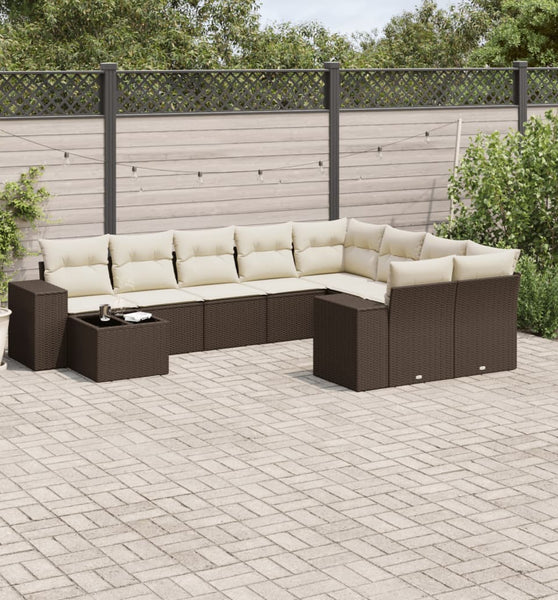 10-tlg. Garten-Sofagarnitur mit Kissen Braun Poly Rattan