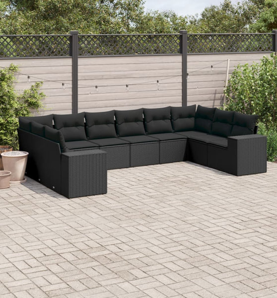 10-tlg. Garten-Sofagarnitur mit Kissen Schwarz Poly Rattan